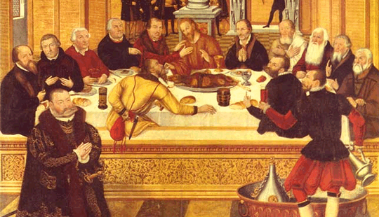 Lucas Cranach d. J.: Abendmahl - Wittenberger Reformatoren als Jünger des Herrn. Epitaph für Joachim von Anhalt (1565), St. Johannis, Dessau. (Ausschnitt)